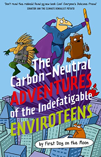 Cartoon book cover featuring superhero animals with the title “The Carbon-Neutral Adventures.”