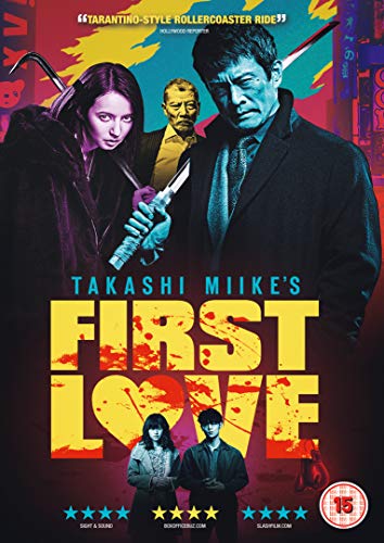 DVD cover for “First Love” featuring characters with weapons, and blood splatters.