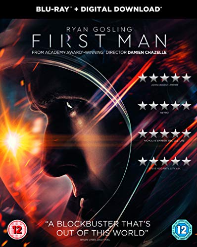 Blu-ray cover for First Man featuring a close-up of an astronaut in a helmet.