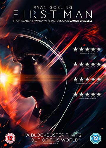 DVD cover for "First Man" featuring a silhouetted astronaut's helmet.