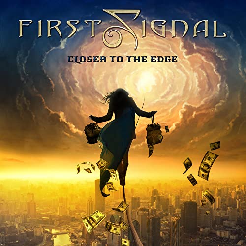 CD cover: woman falling amidst swirling clouds and a city skyline.