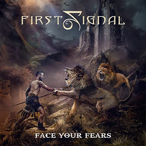 A shirtless warrior with a spear faces two roaring lions before a dark castle.