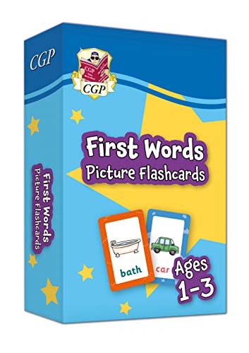 CGP First Words Picture Flashcards box for ages 1-3 with two sample cards.