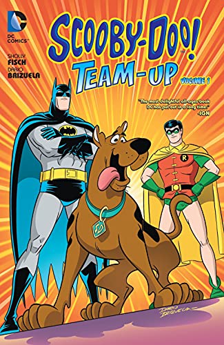 Scooby-Doo stands in front of Batman and Robin on a comic book cover.