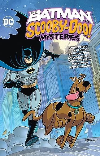 Batman and Scooby-Doo running, comic book cover illustration.