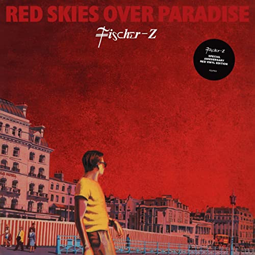 Red vinyl record cover with a man looking at a seaside town.