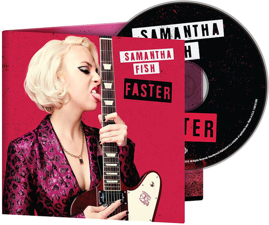 Samantha Fish licking an electric guitar against a vibrant red background.