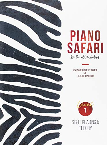 Piano Safari Level 1 book cover with zebra stripe background.