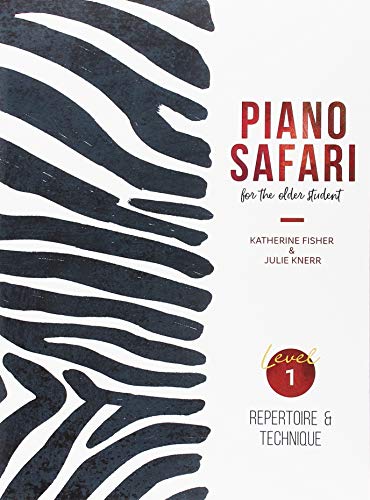 Piano Safari book cover with zebra stripes and red title text.