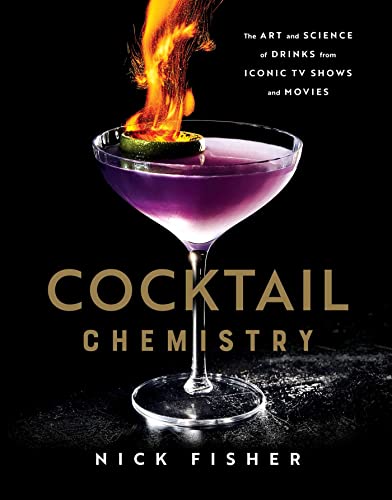 Book cover featuring a purple cocktail with a flaming lime garnish.
