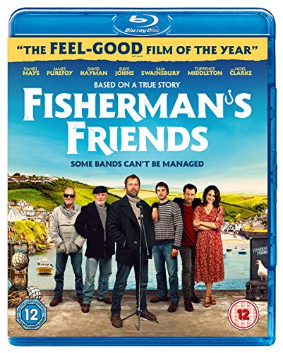 "Blu-ray case for 'Fisherman's Friends' with a group of people standing by water."
