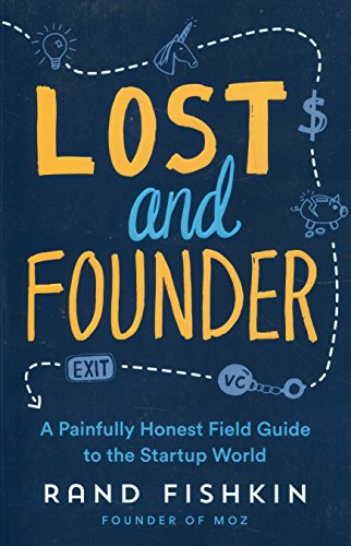 "Book cover with 'Lost and Founder' title, dark blue background, and white dashed path illustration."