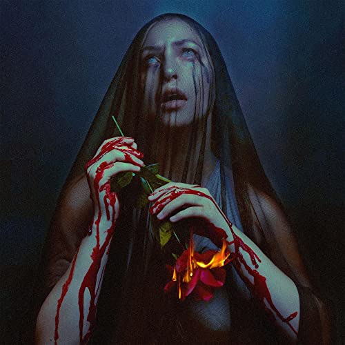Woman with bloodied hands holds a burning rose, dark and dramatic.