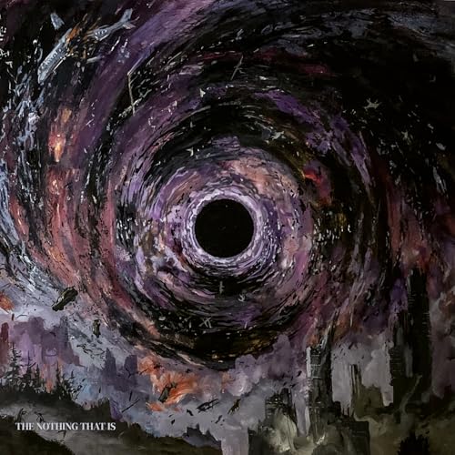 Swirling dark vortex album cover with falling planes and cityscapes.