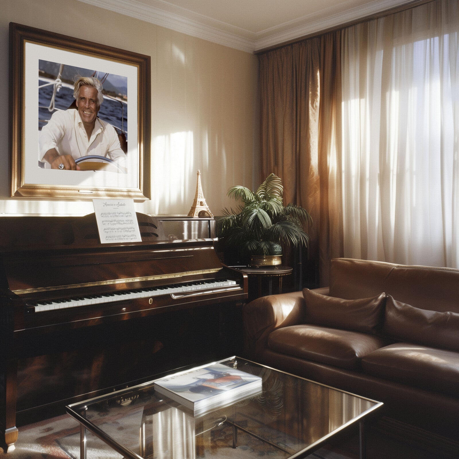 Living room with piano, portrait, and brown leather sofa.