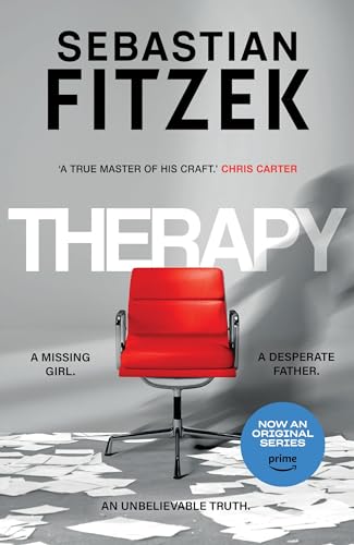 Book cover for “Therapy” featuring a red chair and scattered papers.