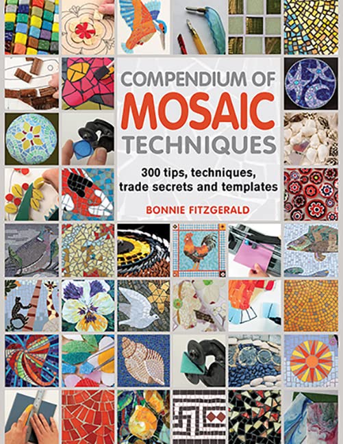 Book cover titled Compendium of Mosaic Techniques featuring a grid of various mosaic project photos.