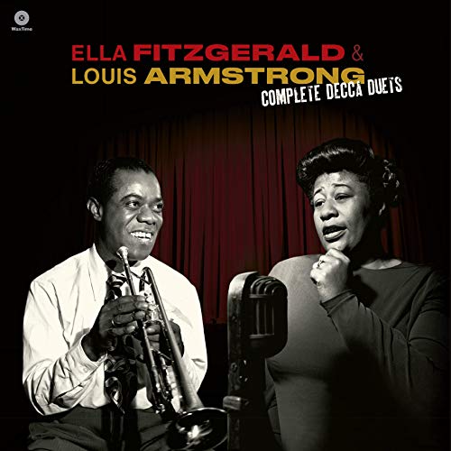 Ella Fitzgerald and Louis Armstrong performing together in front of a microphone.