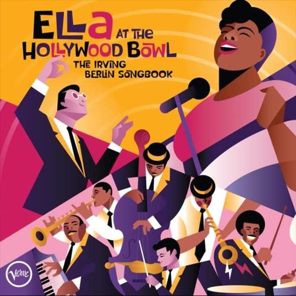 Ella Fitzgerald album cover featuring stylized illustration of a jazz band.
