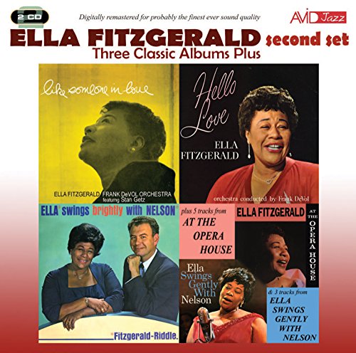 "CD cover featuring Ella Fitzgerald with collage of four album covers and red gradient."