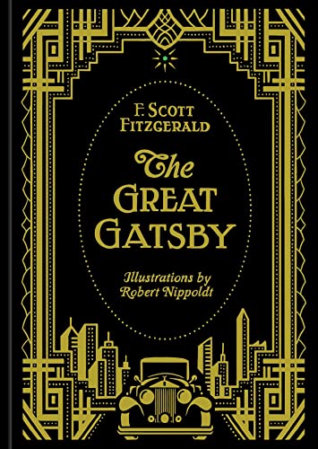 Cover of “The Great Gatsby” with gold art deco design and car.