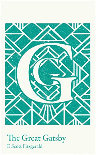 Book cover for "The Great Gatsby" with art deco teal and white design.