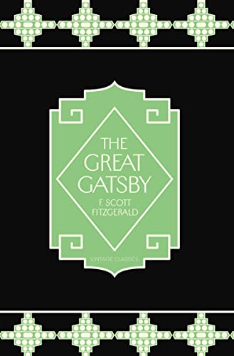 Book cover of "The Great Gatsby" with green and black art deco design.