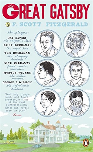 "The Great Gatsby" book cover with character portraits and a mansion illustration.
