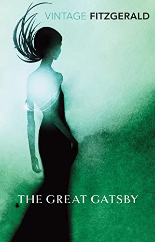 Book cover of “The Great Gatsby” featuring a silhouetted woman in green.