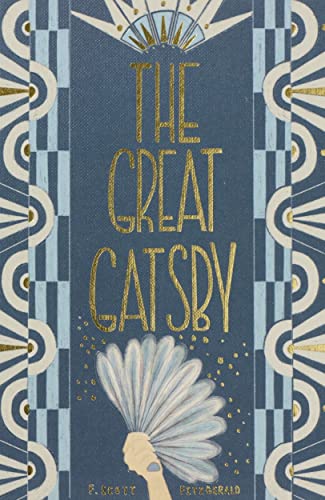 Book cover for The Great Gatsby with gold lettering, art deco patterns, and a fan.