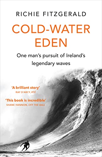 Book cover: "Cold-Water Eden" depicts a large wave with a surfer.