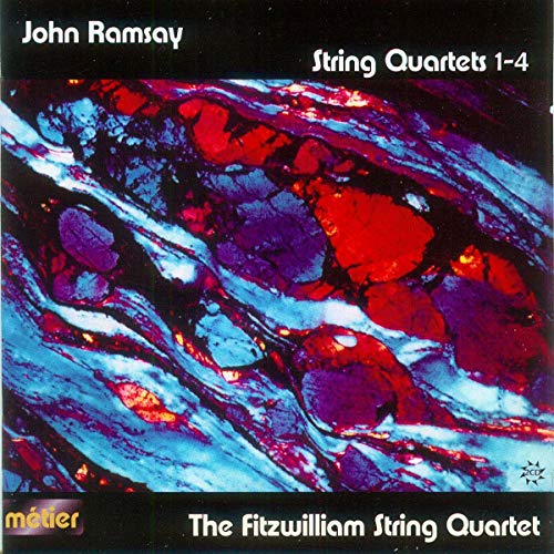 CD cover for John Ramsay string quartets, abstract red and blue art.