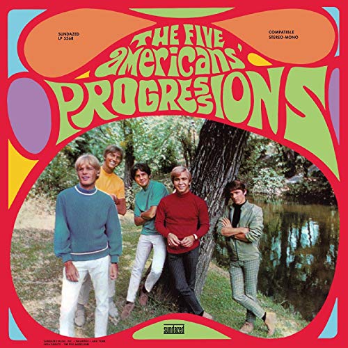 Album cover with five men standing near a tree and pond, colorful background.