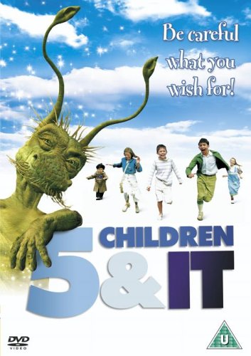 Five children running past a large green creature against a blue sky background.