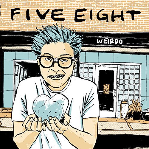 Illustration of a man with blue hair holding a stone heart.