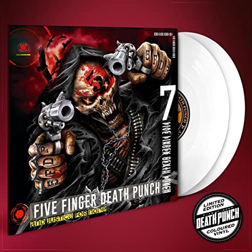 Album cover art featuring a hooded skull holding two revolvers with white vinyl records.