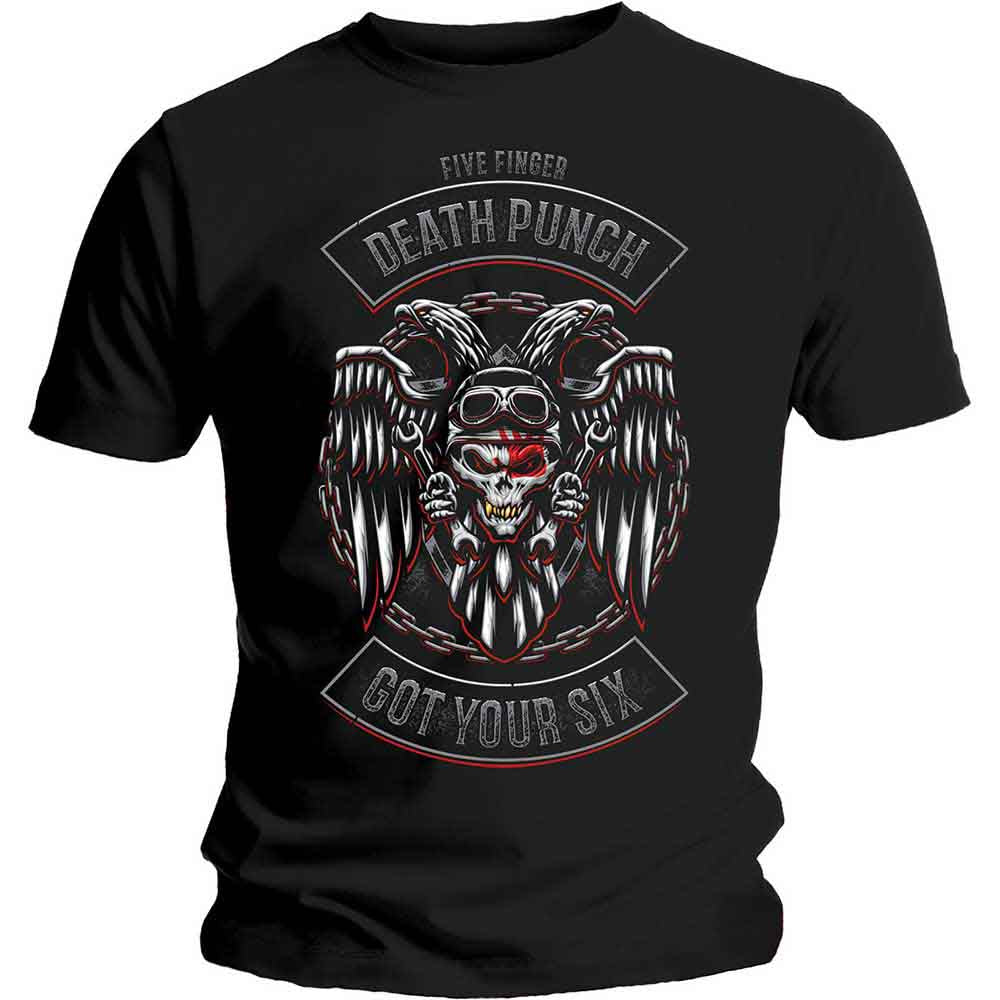 Black t-shirt with a white and grey skull and wings graphic.
