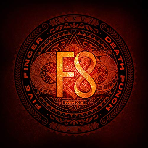 Orange and red circular emblem with “F8”, a snake, and text.
