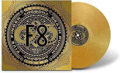 Gold vinyl record for Five Finger Death Punch's "F8" album, ornate cover.
