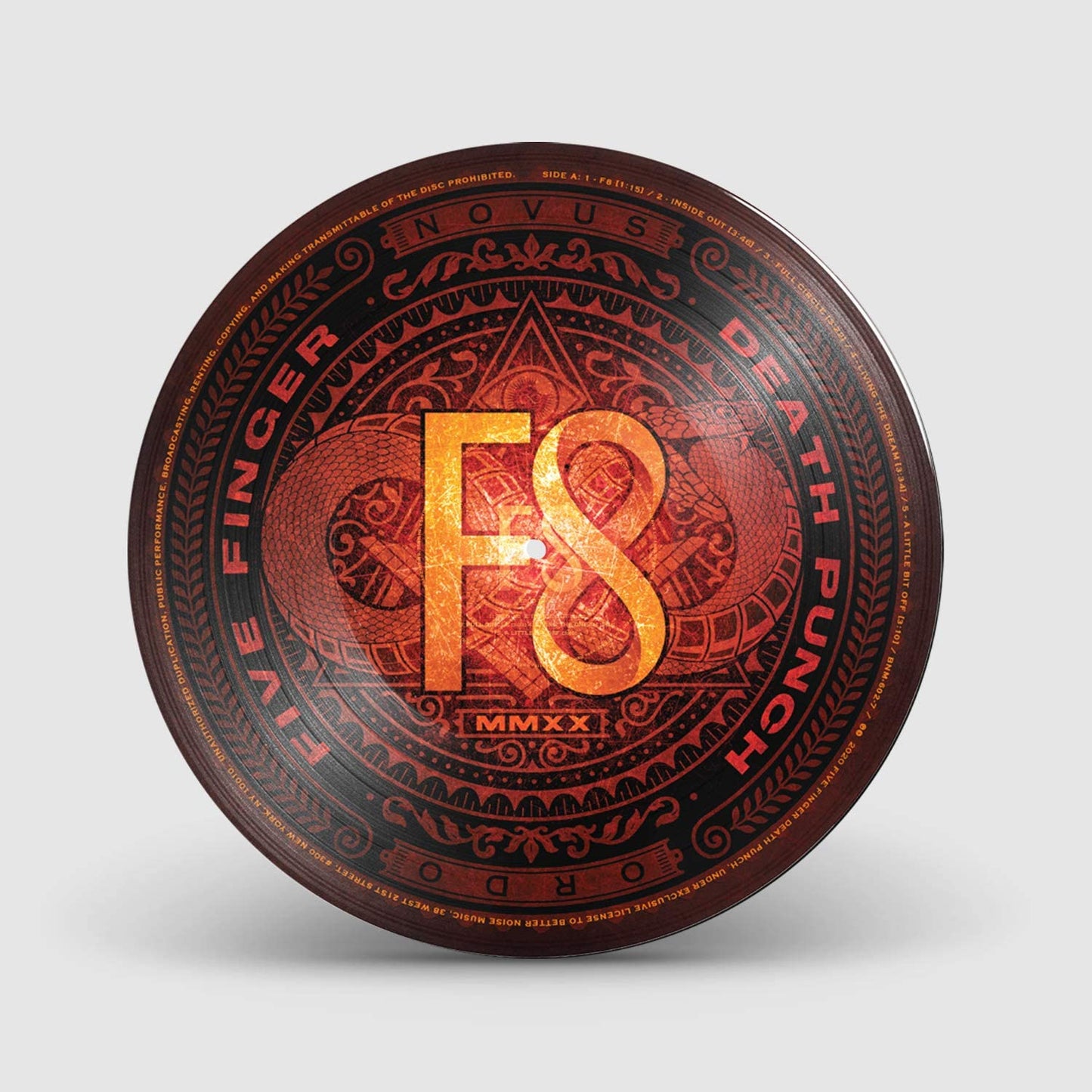 Orange and red circular logo for Five Finger Death Punch’s “F8”.
