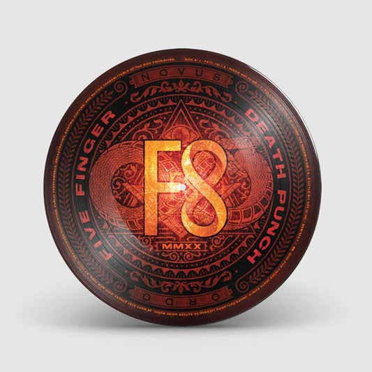 Orange and red circular logo for Five Finger Death Punch’s “F8”.
