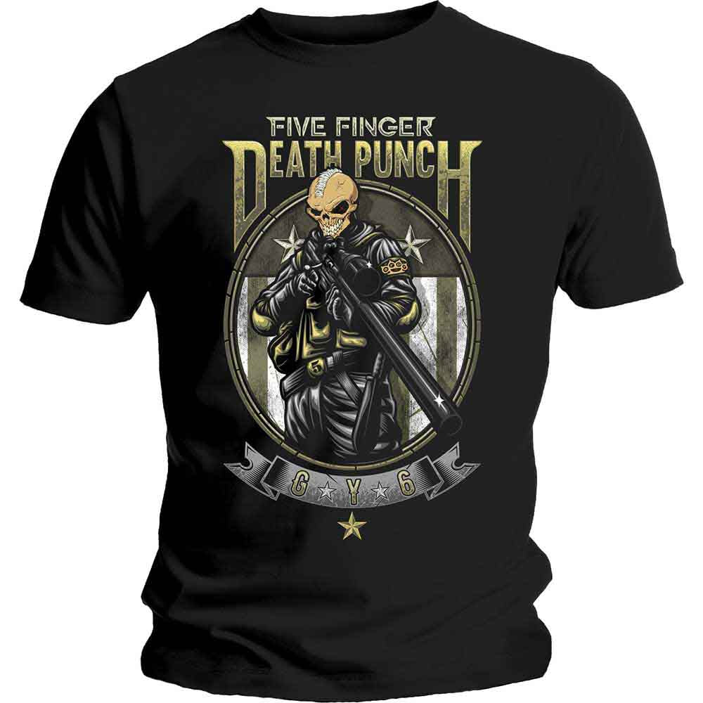 Black t-shirt with Five Finger Death Punch skull and soldier graphic.