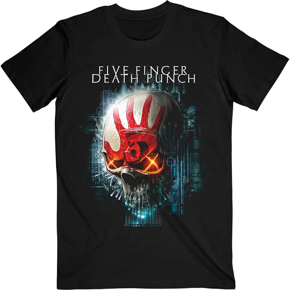 Black t-shirt with Five Finger Death Punch skull and band logo design.
