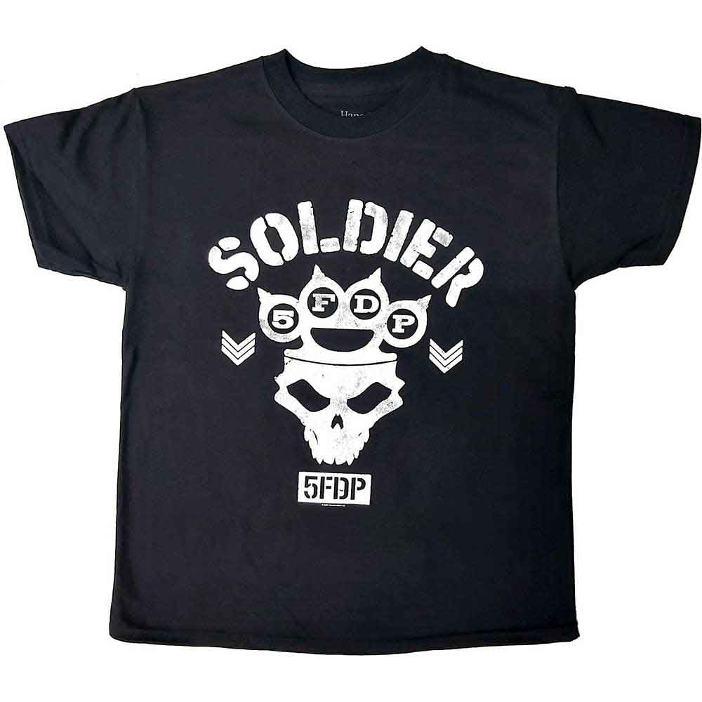 Black t-shirt with white "SOLDIER" text and skull graphic.