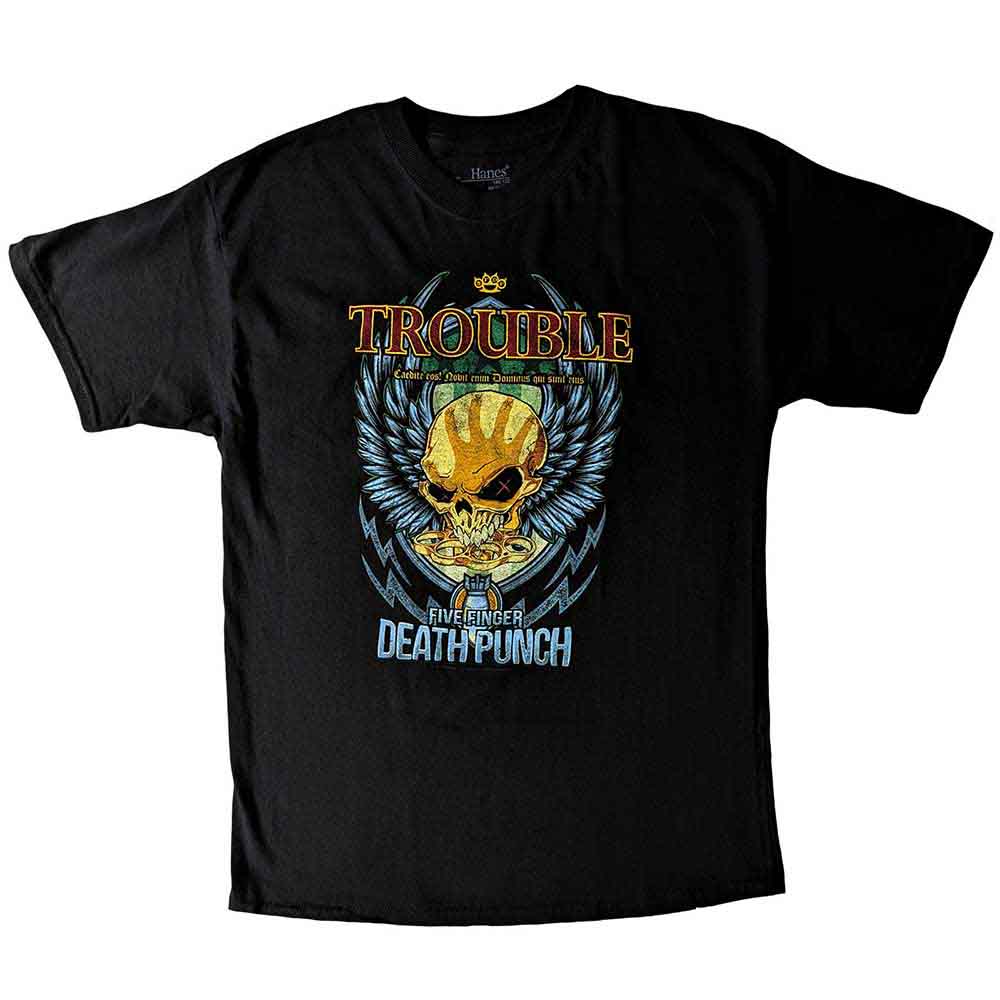 Black Five Finger Death Punch t-shirt with skull and “TROUBLE” graphic.