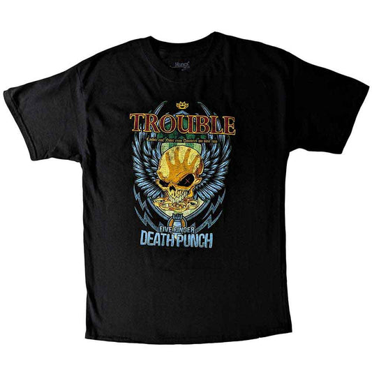 Black Five Finger Death Punch t-shirt with skull and “TROUBLE” graphic.