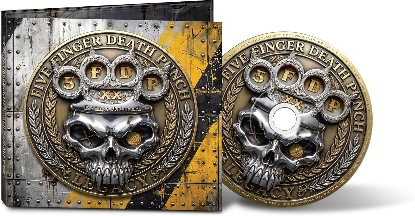 Five Finger Death Punch "Legacy" CD case and disc with skull design.