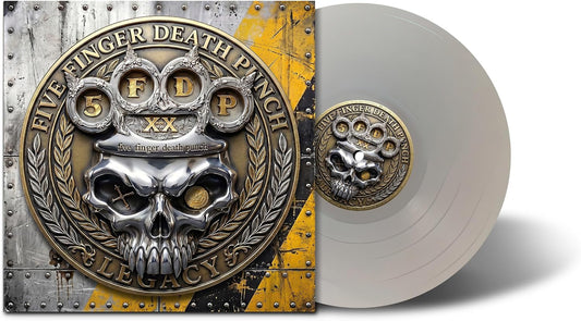 Five Finger Death Punch "Legacy" vinyl record with skull and brass knuckles design.