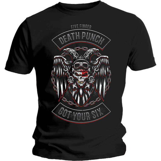 Black t-shirt with a white and grey skull and wings graphic.