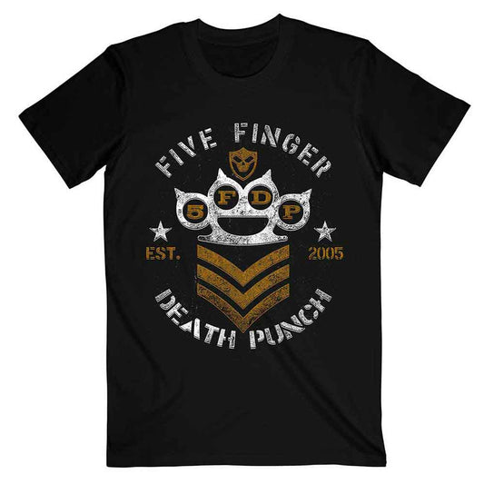 Black t-shirt with "Five Finger Death Punch" chevron graphic, worn by a man.